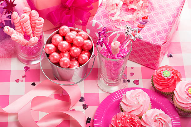 Decorations for birthday party. A lot of balloons pink and white colors. Birthday party decorations.