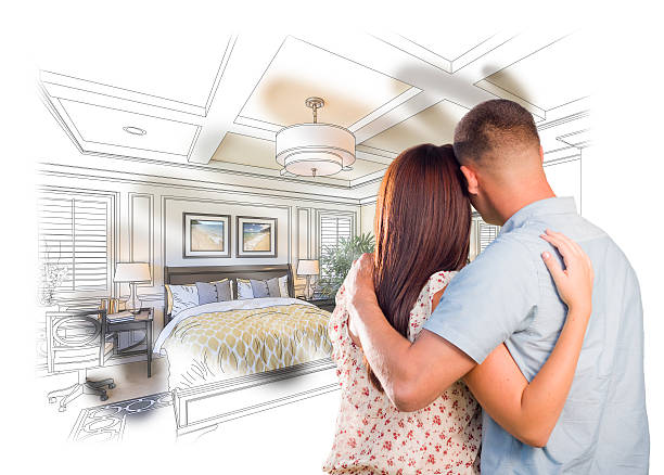 военные пара, глядя на пользовательские спальня design drawing фотография - bedroom authority indoors home interior стоковые фото и изображения