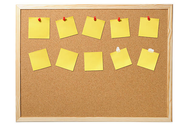 istock Attached and pinned blank yellow sticky note on cork board 496827038