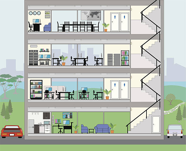 stockillustraties, clipart, cartoons en iconen met cutaway office building with city background - binnenopname