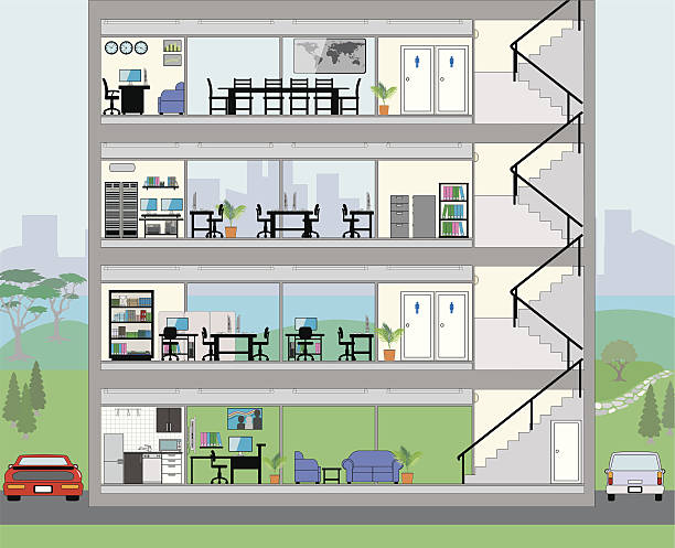 Cutaway Office Building with city background Detailed cutaway of office building  steps illustrations stock illustrations