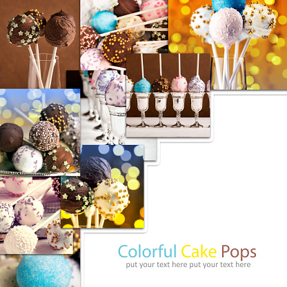 Photos of colorful cake pops. Photo collage