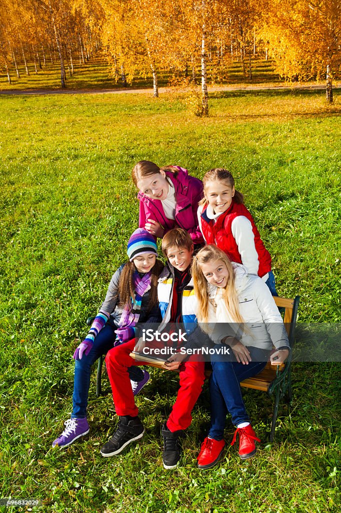 Teen friens in park Portrait of five happy kids, boys and girls early teen school age looking in cameras sitting outside with boy holding tablet computer 14-15 Years Stock Photo