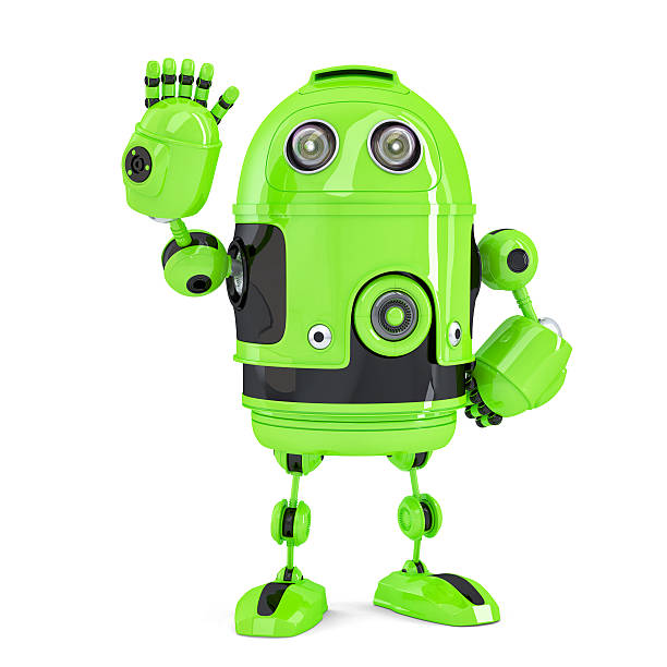 Green 3d Robot waving hello. Isolated over white. Contains clipping path
