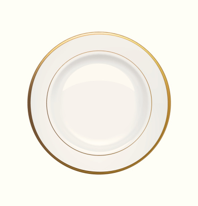 White plate with gold rims on white background. Vector illustration