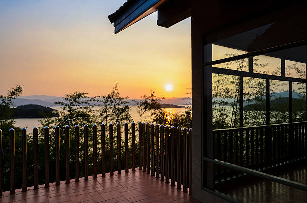 istock High angle view beautiful lake at sunset from resort 496834337