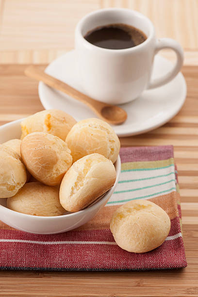 Pao de queijo, delicious Brazilian cheese bread snack table.