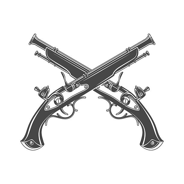 ilustraciones, imágenes clip art, dibujos animados e iconos de stock de mosquete calasscial. arsenal de plantilla. diseño de camiseta victoriano. steampunk de pistola - arma de mano