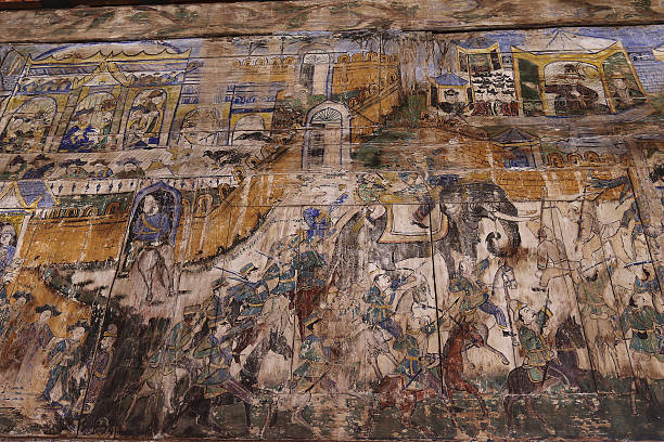 istock Drawing on ancient wood paneling, Ancient painting on wall wooden 496849542
