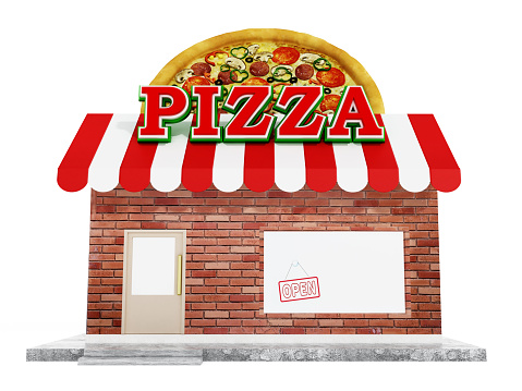 Generic pizza parlour building isolated on white.