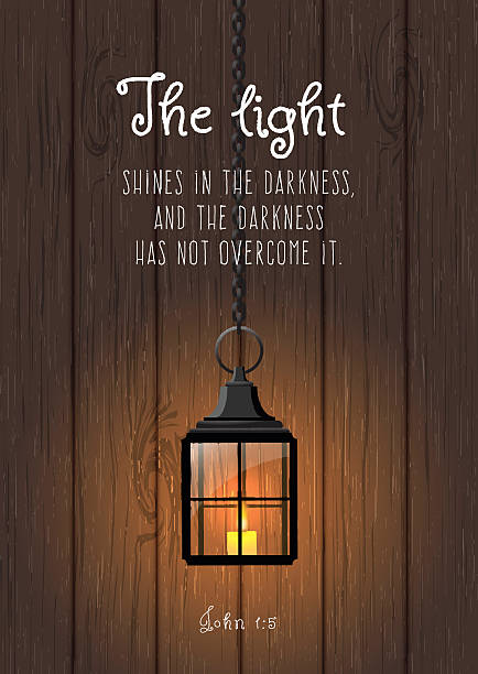 The light shines in the darkness... Biblical quote. Vintage shining vector art illustration