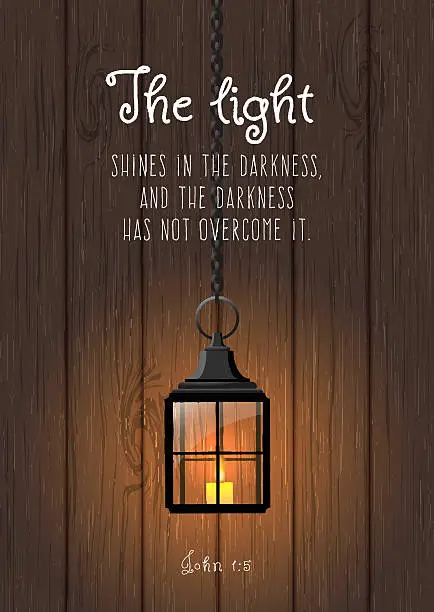 Vector illustration of The light shines in the darkness... Biblical quote. Vintage shining