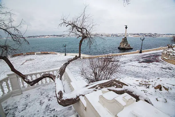 The Sunken Ships Monument, symbol of Sevastopol in winter, Crimea, Ukraine