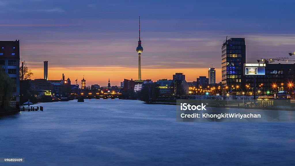 tv tower in berlin, germany, at night tv tower in berlin, germany, at night view from oberbaum bridge Night Stock Photo