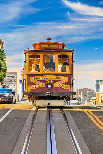 High-angle View of city life in the downtown of San Francisco with authentic old cable car, the United States