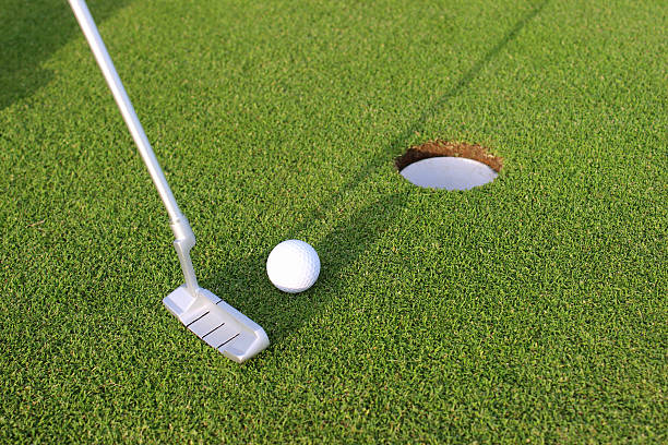 golfista putting ball en hoyo del campo de golf, un putting green - putting down fotografías e imágenes de stock