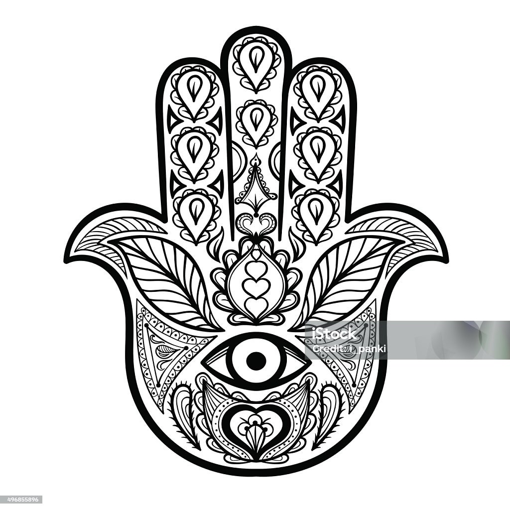 Vector Hamsa Hand for adult anti stress coloring pages Vector Hamsa Hand for adult anti stress coloring pages in doodle style. Ornamental tribal patterned illustration for tattoo, poster or print. Hand drawn monochrome sketch. Boho collection. Hamsa Symbol stock vector