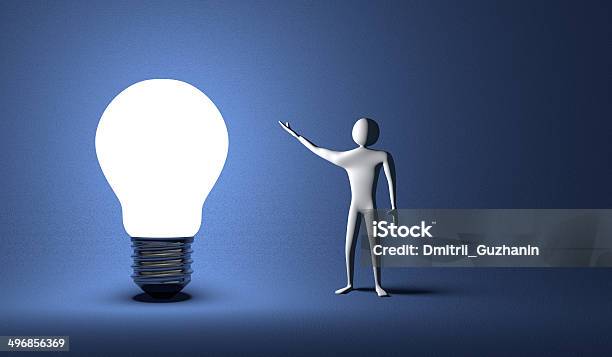 Glowing Light Bulb And 3d Man On Blue Stock Photo - Download Image Now - Abstract, Adult, Blue