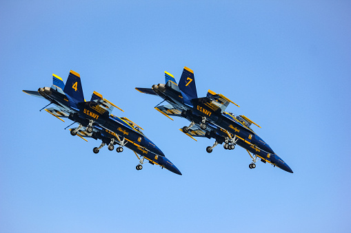 San Francisco, United States – October 07, 2023: A formation of five fighter jets flying in unison against a clear blue sky background