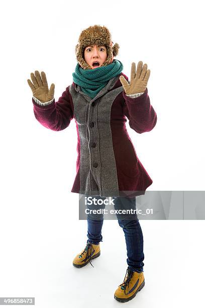 Young Woman In Warm Clothing And Making Stop Gesture Sign Stock Photo - Download Image Now