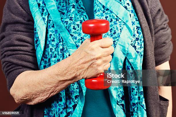 Senior Fitness Elderly Hand Lifts Dumbbell Stock Photo - Download Image Now - Active Lifestyle, Active Seniors, Adult