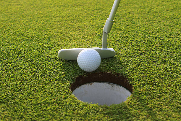 istock Image of golfer putting ball into hole at golf course 496859321