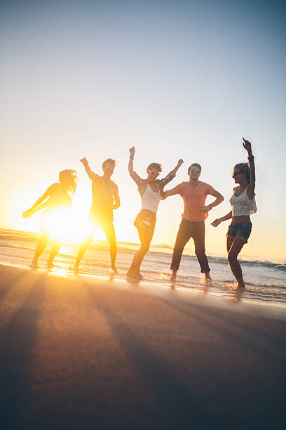 istock Friends dancing on beach in sunset 496859483