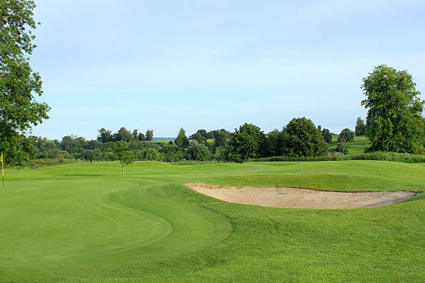 istock Golf course with sandy bunker trap, trees and putting green 496860063