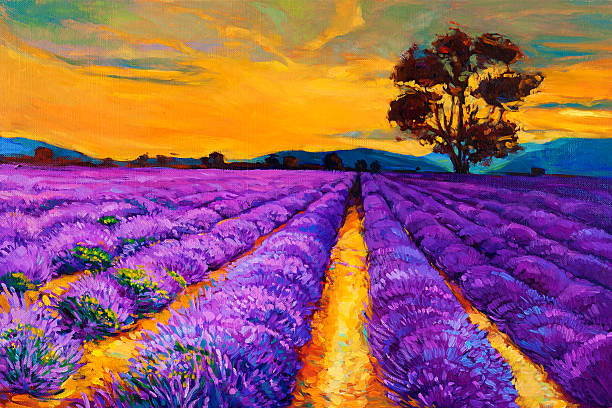 ilustrações, clipart, desenhos animados e ícones de campos de lavanda - multi colored floral pattern acrylic painting purple