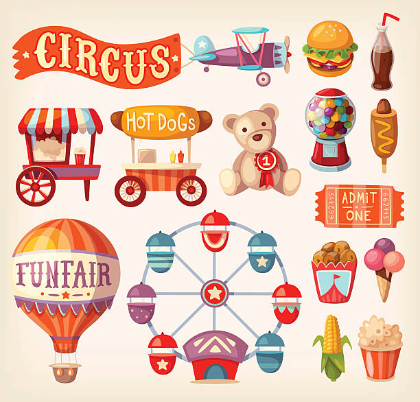 ilustraciones, imágenes clip art, dibujos animados e iconos de stock de fun fair iconos - carnaval ilustraciones