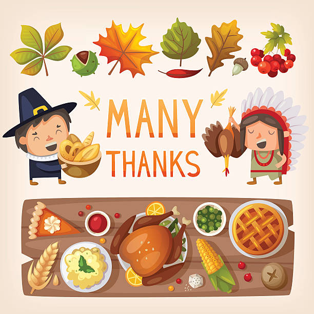 ilustraciones, imágenes clip art, dibujos animados e iconos de stock de elementos de tarjeta del día de acción de gracias - thanksgiving dinner party turkey feast day