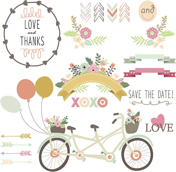 illustrazioni stock, clip art, cartoni animati e icone di tendenza di matrimonio vintage biciclette elements- illustrazioni flora - victorian style frame picture frame wreath