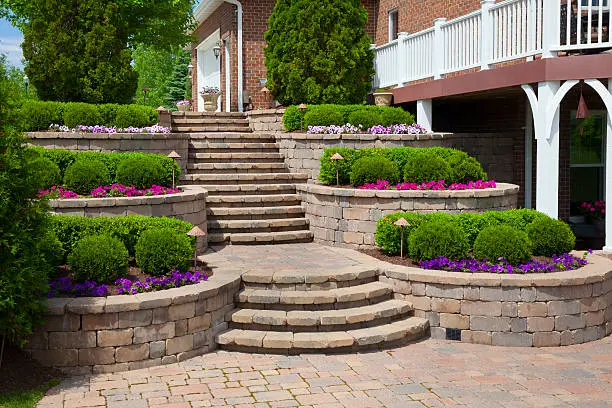 Idyllic Paved Landscaping, Stairs With Terraced Shrubs and Flowerbeds. This image has a property release.
