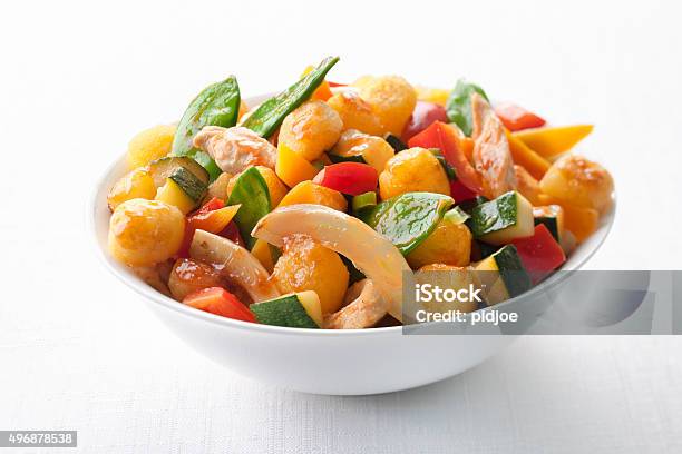 Close Up Of Healthy Vegetable Salad On White Tablecloth Stock Photo - Download Image Now