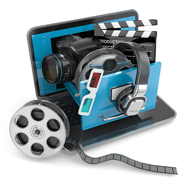 istock Multimedia concept. Laptop, camera , headphones and video attrib 496878909
