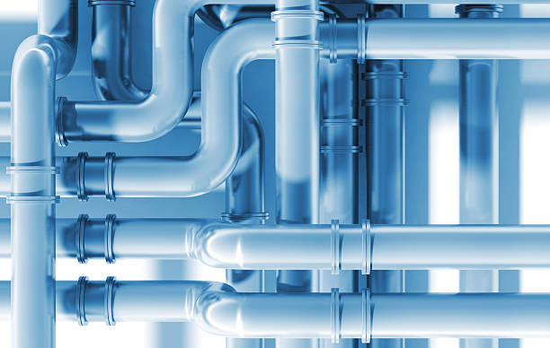 istock Modern blue industrial metal pipeline intersection. 3d render il 496879489