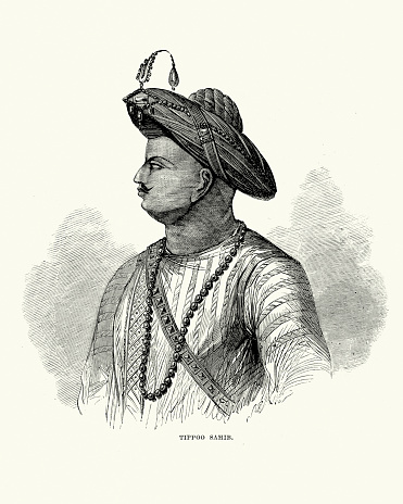 Portrait of Tipu Sultan, (20 November 1750  to 4 May 1799), also known as the Tiger of Mysore and Tippoo Sahib, was a ruler of the Kingdom of Mysore and a scholar, soldier and poet.