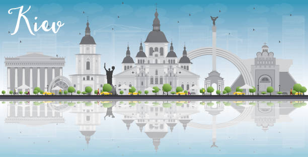 kiev skyline with grey landmarks, blue sky and reflections - kiev 幅插畫檔、美工圖案、卡通及圖標