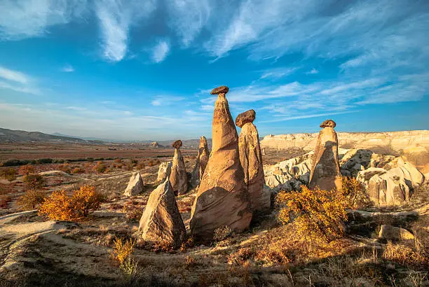 A landscape in Cappadocia at autumn. There are fairy chimneys.