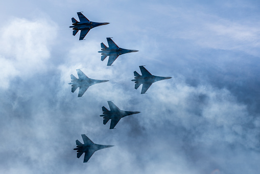Silhouettes of russian fighter aircrafts SU-27 in the sky