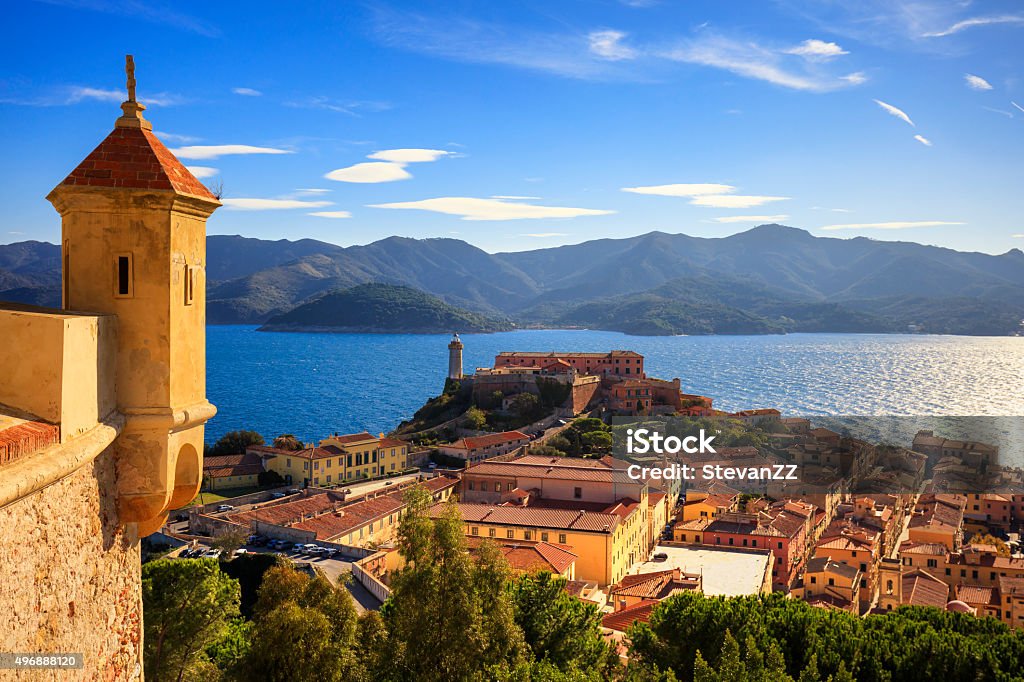 Elba island, Portoferraio aerial view from fort. Lighthouse and Elba island, Portoferraio aerial view from fort. Lighthouse and fort. Tuscany, Italy, Europe. Tuscany Stock Photo