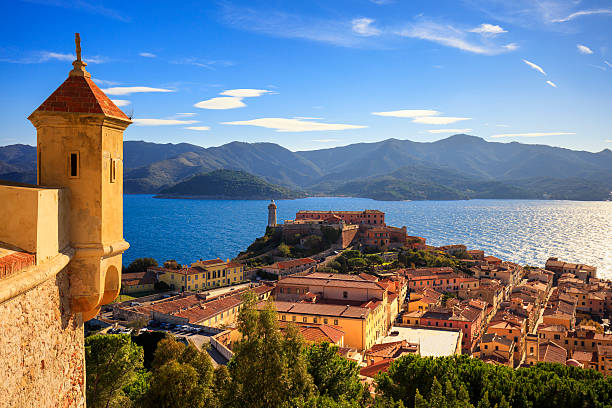 Elba island, Portoferraio aerial view from fort. Lighthouse and Elba island, Portoferraio aerial view from fort. Lighthouse and fort. Tuscany, Italy, Europe. livorno stock pictures, royalty-free photos & images