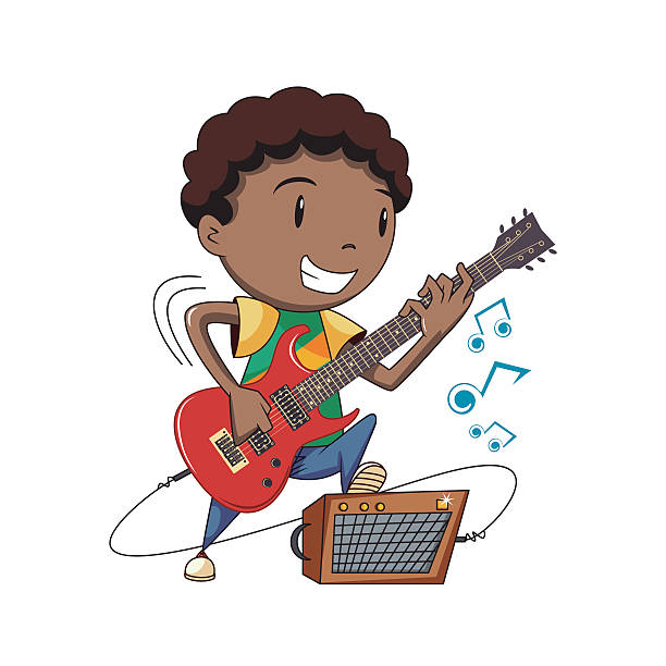Boy playing electric guitar Child playing electric guitar, happy cartoon character, vector illustration, isolated white background notes on guitar neck stock illustrations