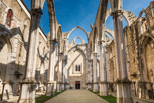 Lisbon, Portugal - 12. October 2015. Interiors of the roofless Carmo Convent in Lisbon, ruined by the earthquake