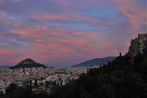 View of Athens from Lycabettus hill at sunset, Greece. \