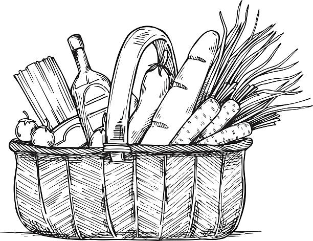 Hand drawn vector illustration - Supermarket shopping basket Hand drawn vector illustration - Supermarket shopping basket with healthy food. Grocery store. supermarket drawings stock illustrations