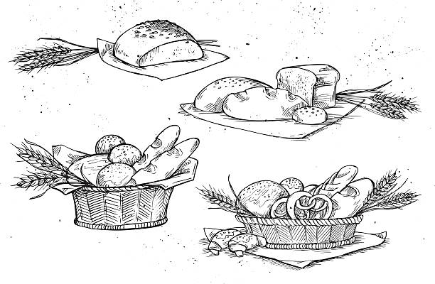 ilustrações, clipart, desenhos animados e ícones de desenho à mão ilustrações vetorizadas-padaria. mercearia - bread food basket sweet bun
