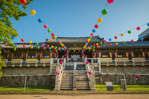 Paper lanterns hang from the buildings at Bulguksa Temple in Gyeongju, South Korea, during Buddha's Birthday celebrations.