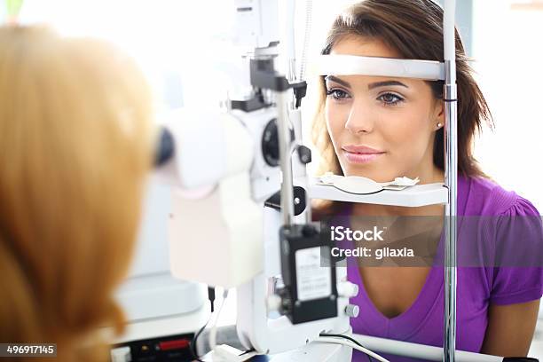 Woman Taking Eye Exam Stock Photo - Download Image Now - Eye, Slit Lamp, Visit