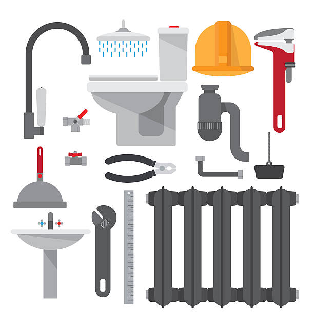 illustrazioni stock, clip art, cartoni animati e icone di tendenza di set idraulici articoli - bathroom water pipe faucet sink